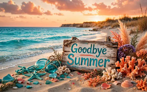 Goodbye Summer beach sign by a turquoise ocean at sunset, surrounded by seashells and coastal flowers—4K Ultra HD desktop wallpaper.