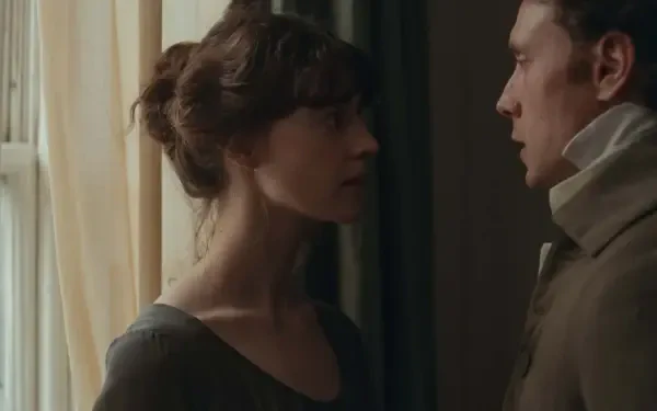 Daisy Edgar-Jones and a man face each other in a period drama scene from Sense and Sensibility, HD desktop wallpaper.
