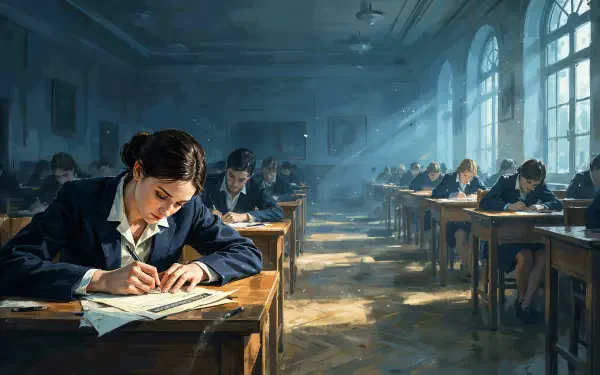 Student taking an exam in a sunlit classroom, 4K Ultra HD PC desktop wallpaper and background.