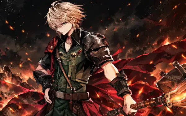 Final Fantasy Resonance warrior in dark armor amid a fiery battlefield, 4K Ultra HD PC desktop wallpaper and background.