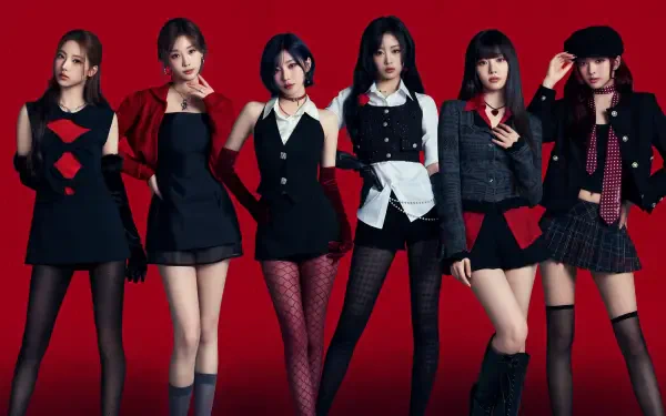 BABYMONSTER K-pop members Asa, Ahyeon, and Pharita pose in coordinated black outfits against a red backdrop, 5K Ultra HD desktop wallpaper.