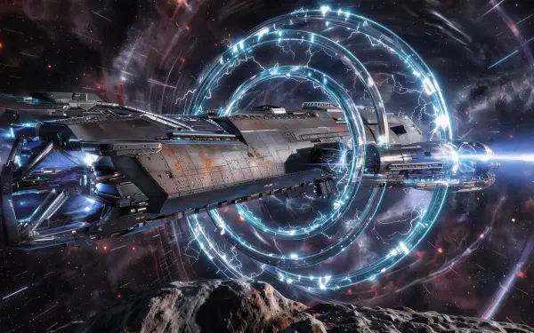 Sci-fi spaceship entering a glowing warp drive portal in deep space, 4K Ultra HD PC desktop wallpaper and background.