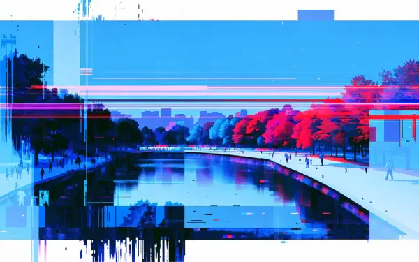 Glitch-art Central Park river landscape with vivid pink and blue trees, featured in a 4K Ultra HD PC desktop wallpaper.