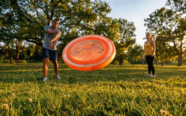 People play frisbee in a sunlit park at golden hour, captured as a 4K Ultra HD PC desktop wallpaper and background.