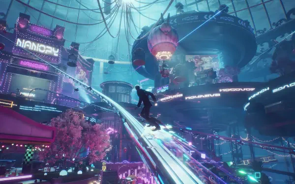 Cyberpunk futuristic cityscape with neon towers, suspended walkways, and a lone figure, HD PC desktop wallpaper and background.