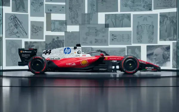 Ferrari SF-26 Formula 1 car in a gallery studio, featured in a 4K Ultra HD PC desktop wallpaper and background.