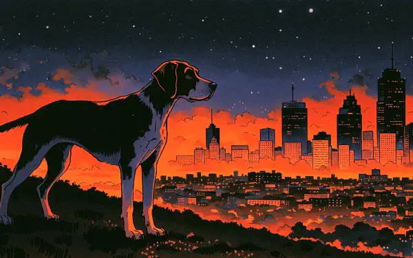 German Shorthaired Pointer silhouetted against a glowing city skyline at sunset, 4K Ultra HD PC desktop wallpaper.