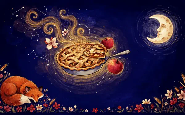 Whimsical fox beneath a crescent moon with a magical apple pie, 4K Ultra HD PC desktop wallpaper and background.