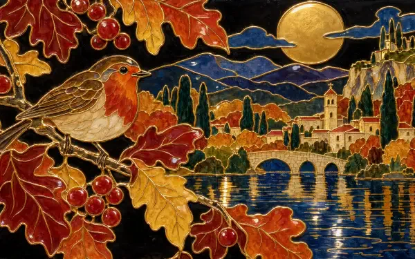Autumn bird amid golden leaves overlooking a moonlit river, stone bridge, and village, 4K Ultra HD PC desktop wallpaper background.