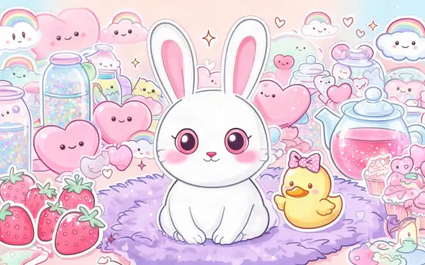 Cutecore cartoon rabbit surrounded by pastel hearts, clouds, and strawberries, 4K Ultra HD PC desktop wallpaper and background.
