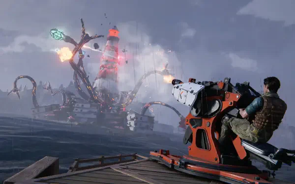 Once Human sci-fi video game 4K Ultra HD PC desktop wallpaper featuring an armed survivor facing a towering alien structure across the water.