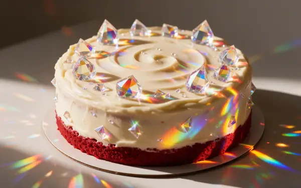 Red velvet birthday cake with creamy frosting and sparkling decorations, featured in a 4K Ultra HD desktop wallpaper background.