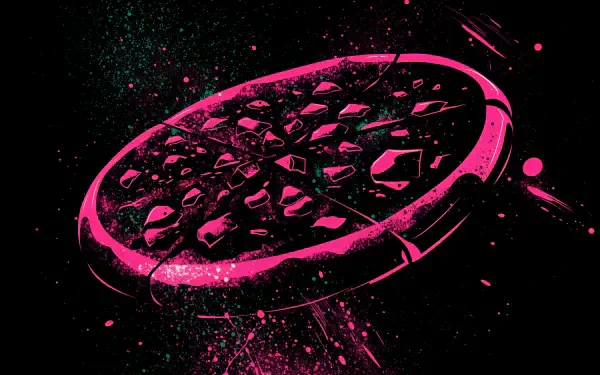 Abstract neon pink meat lovers pizza on a black background, 4K Ultra HD PC desktop wallpaper.