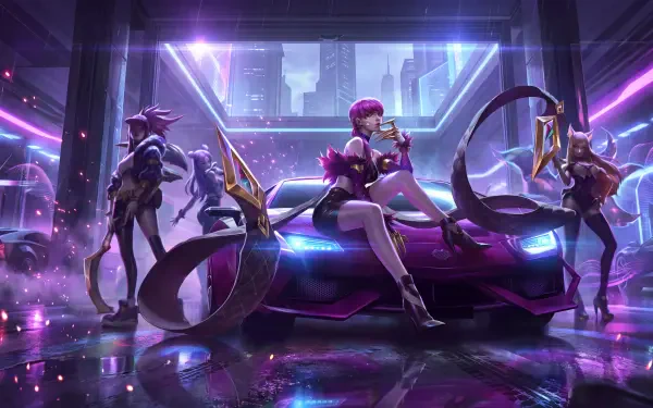 K/DA Evelynn and women beside a futuristic sports car in a neon cyberpunk city, 5K Ultra HD PC desktop wallpaper.