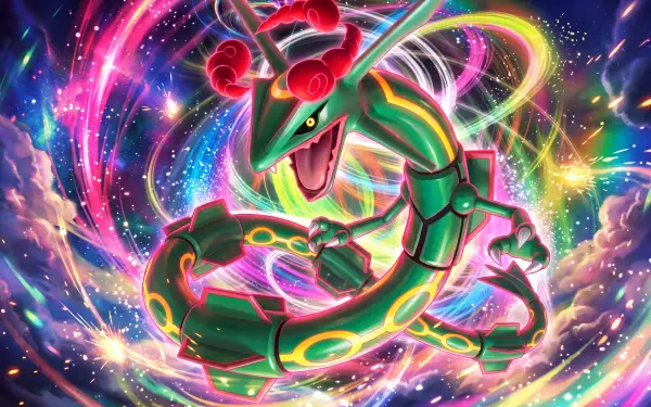Rayquaza coils through a vibrant cosmic energy vortex in this 5K Ultra HD Pokémon dragon desktop wallpaper.