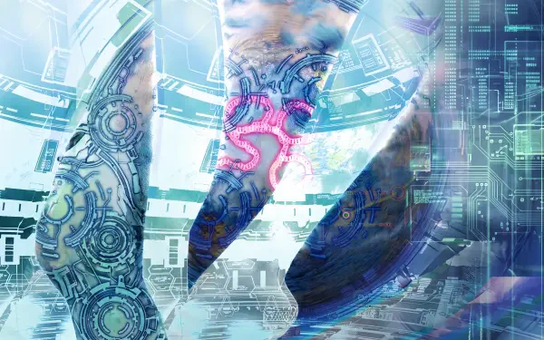 Ghost in the Shell science fiction wallpaper featuring a cybernetic figure amid glowing technology, 5K Ultra HD desktop background.