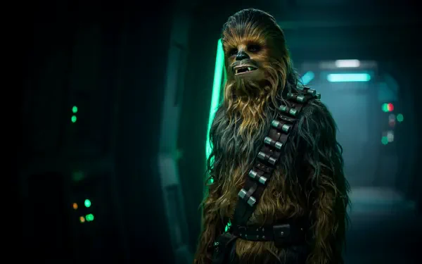 Chewbacca, the Wookiee from Star Wars, stands in a dark sci-fi corridor in this 4K Ultra HD PC desktop wallpaper and background.