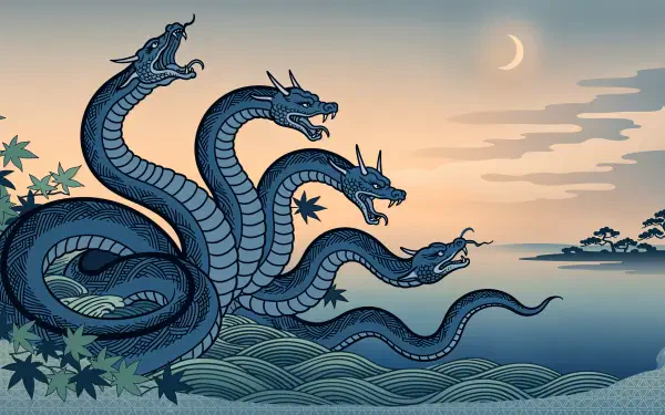 A multi-headed blue hydra dragon sea monster rises from ocean waves at dusk in this 4K Ultra HD PC desktop wallpaper and background.