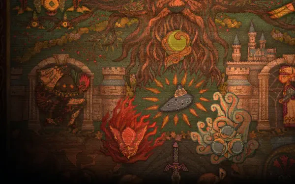 The Legend of Zelda: Ocarina of Time (2026) 2K Quad HD PC desktop wallpaper, featuring a pixel-art fantasy scene with a glowing figure and red dragon.