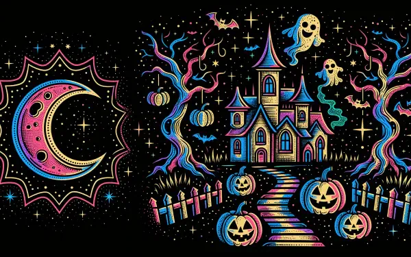 Colorful Halloween haunted house with ghosts, glowing pumpkins, crescent moon, and stars on a black background, 4K Ultra HD PC desktop wallpaper.