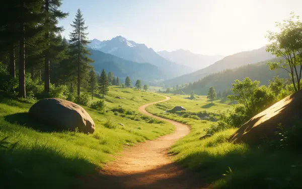 Sunlit hiking trail winds through a green mountain valley meadow, framed by trees and distant peaks — 4K Ultra HD desktop wallpaper.