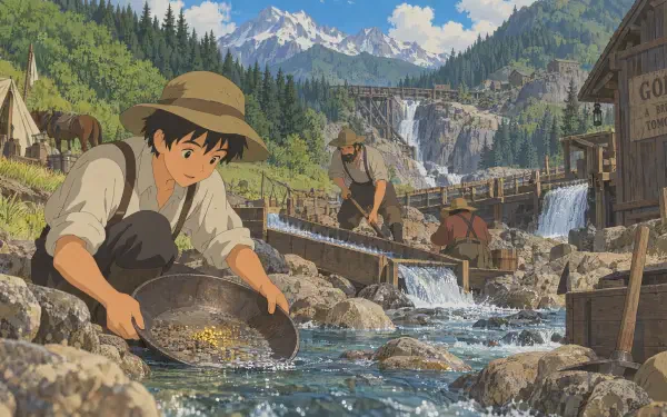 Anime gold panning on a mountain river, with miners and a scenic waterfall—4K Ultra HD PC desktop wallpaper and background.