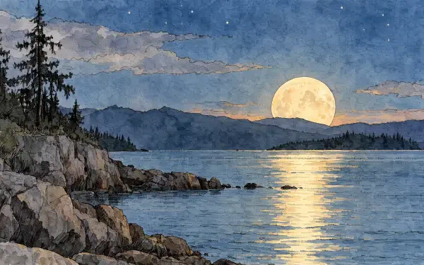 Moonrise over a mountain lake, with golden moonlight shimmering across the water in a 4K Ultra HD PC desktop wallpaper.