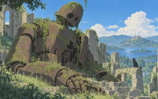 A giant overgrown robot rests among ancient ruins overlooking a lake and mountains, in a 4K Ultra HD PC desktop wallpaper.