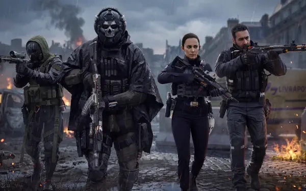 Call of Duty: Modern Warfare 4 soldiers armed with rifles in a battle-scarred city, 5K Ultra HD PC desktop wallpaper background.