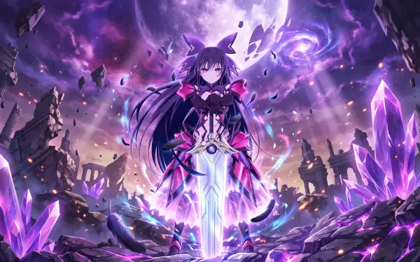 Tohka Yatogami unleashes purple magic amid shattered ruins in this 5K Ultra HD Date A Live anime girl desktop wallpaper and background.