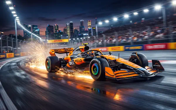 McLaren MCL40 F1 race car sparks through a floodlit city circuit at night, 5K Ultra HD PC desktop wallpaper and background.