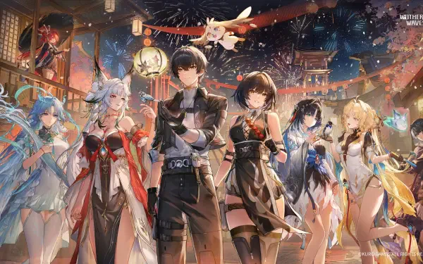 Wuthering Waves anime group portrait in a vibrant city at night, featured as a 4K Ultra HD PC desktop wallpaper and background.