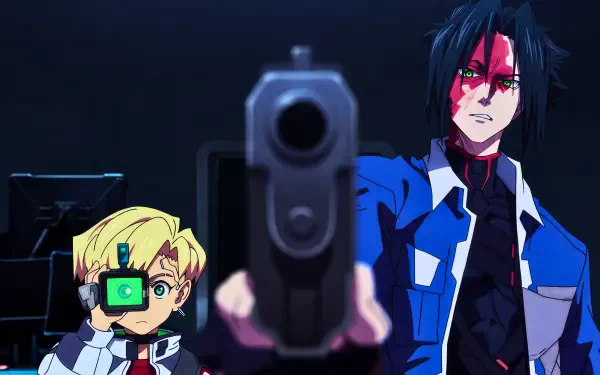 5K Ultra HD Cyberpunk: Edgerunners 2 wallpaper of Roman Carax and D, with a handgun aimed at the viewer in a neon-lit anime scene.