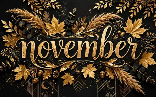 Ornate gold “November” typography framed by autumn leaves, a 4K Ultra HD desktop wallpaper with fall foliage.
