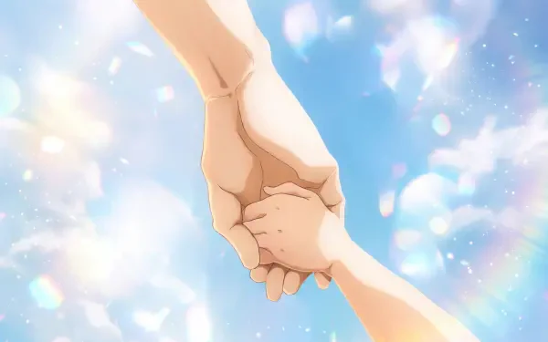 Bleach: Thousand-Year Blood War anime wallpaper in 5K Ultra HD, featuring two hands holding tightly against a bright, cloud-filled sky.