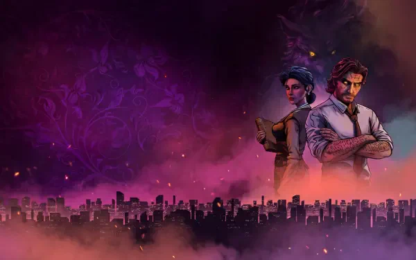 5K Ultra HD PC desktop wallpaper of Bigby Wolf overlooking a city skyline in The Wolf Among Us Remastered.