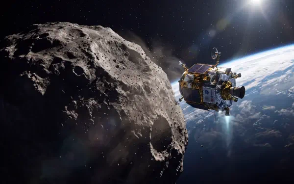 5K Ultra HD desktop wallpaper of a spacecraft approaching a rugged asteroid above Earth in deep space.