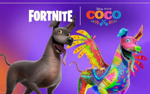 Fortnite x Disney Pixar Coco HD PC desktop wallpaper featuring Dante the dog and a colorful alebrije spirit animal against a purple backdrop.