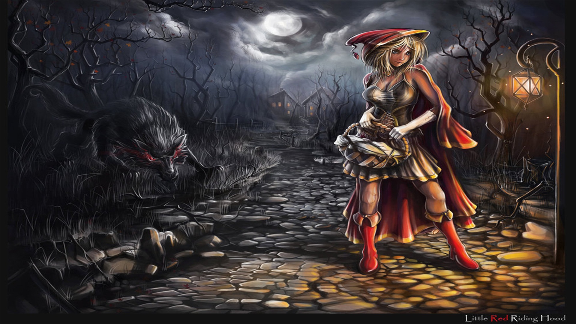 A mystical illustration featuring Red Riding Hood in a fantasy world.