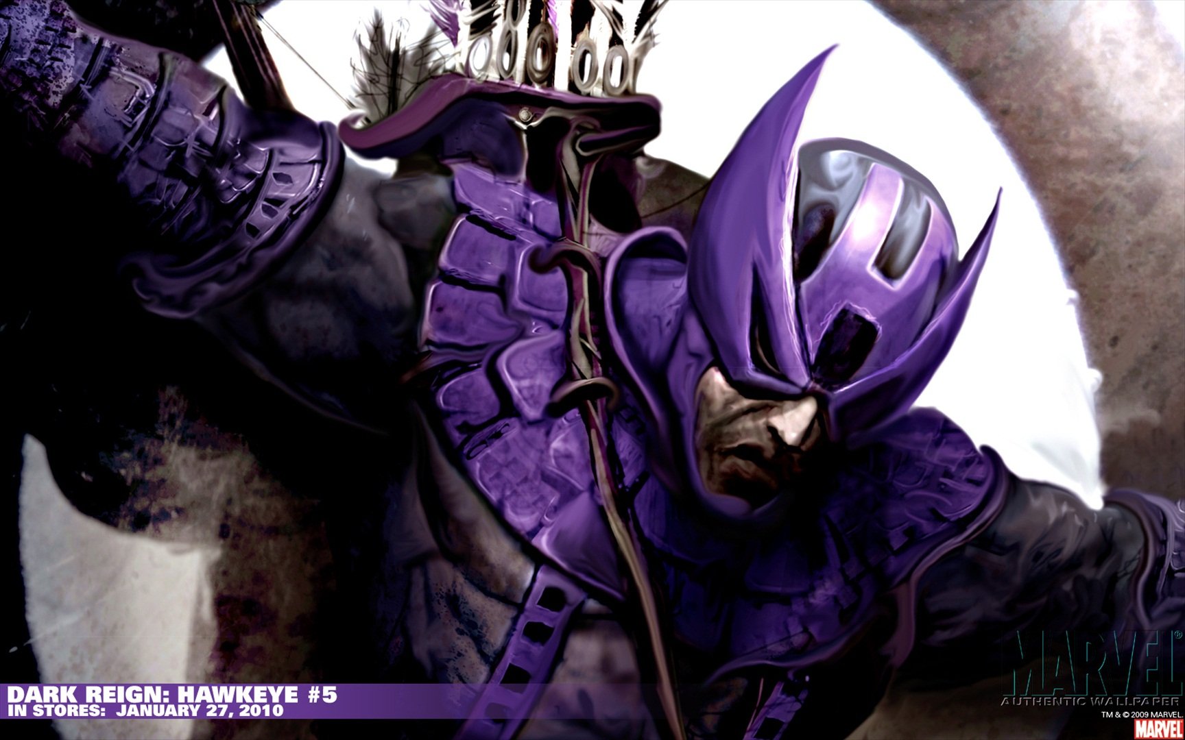 HD comic-style desktop wallpaper featuring Hawkeye in a dynamic pose against a large white moon backdrop.