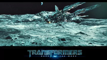 HD PC desktop wallpaper featuring a scene from the movie Transformers: Dark of the Moon, showcasing a detailed lunar landscape and spacecraft wreckage.