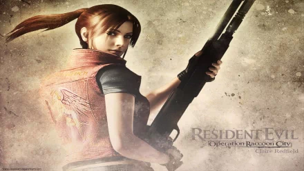A high-definition desktop wallpaper featuring Claire Redfield from Resident Evil: Operation Raccoon City, poised with a shotgun against a textured background.