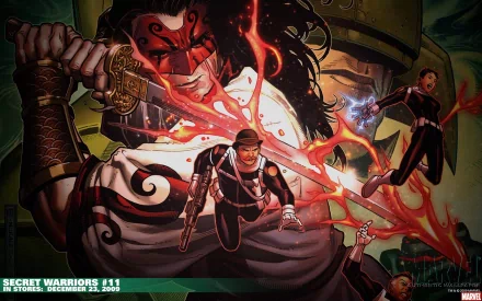 HD PC desktop wallpaper/background: Marvel Comics art of Dum Dum Dugan and Nick Fury leading a fiery, action-packed combat scene against a looming villain.