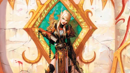 A striking HD desktop wallpaper featuring a fierce blood elf from World of Warcraft, adorned in ornate armor against a vibrant, mythical backdrop.