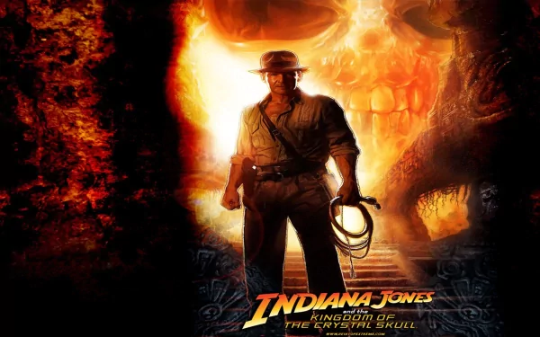 HD PC desktop wallpaper featuring Indiana Jones from the movie Indiana Jones and the Kingdom of the Crystal Skull, with a glowing skull in the background.