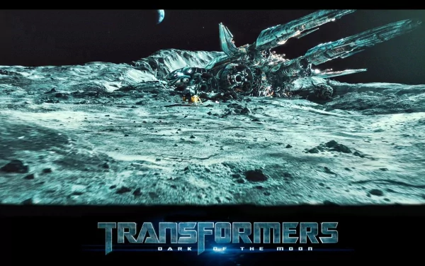 HD PC desktop wallpaper featuring a scene from the movie Transformers: Dark of the Moon, showcasing a detailed lunar landscape and spacecraft wreckage.