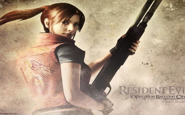 A high-definition desktop wallpaper featuring Claire Redfield from Resident Evil: Operation Raccoon City, poised with a shotgun against a textured background.