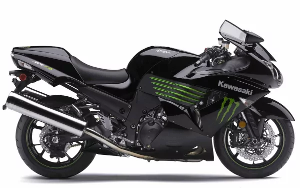 HD PC desktop wallpaper of a sleek black Kawasaki Ninja motorcycle with green accents and Monster Energy branding on a white background.