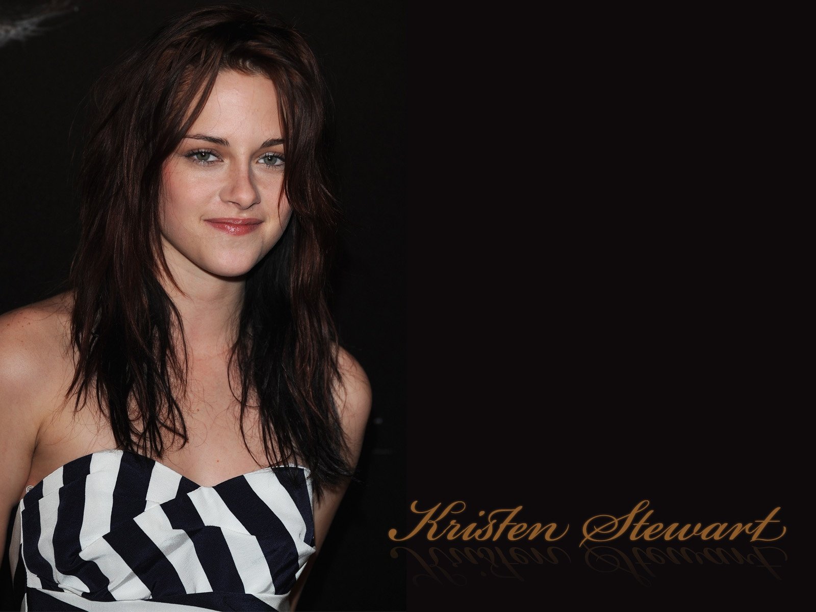 HD desktop wallpaper featuring celebrity Kristen Stewart with a dark background and her name elegantly displayed in gold script.