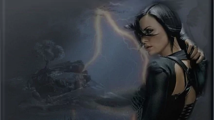 HD desktop wallpaper featuring Charlize Theron as Aeon Flux from the movie, striking a dynamic pose with a dark, futuristic background.
